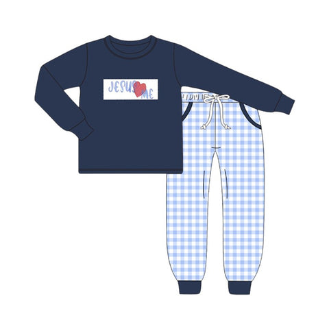 Preorder 10.28 MOQ 5 pcs BLP1313 Jesus Love Me Navy Blue Boys Set