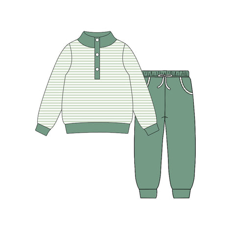 Preorder 11.17 MOQ 5 pcs BLP1341 Green Stripe Buttons Pullover Boys Joggers Set