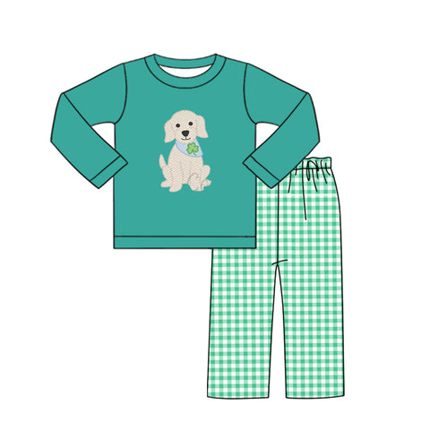 Preorder 11.23 MOQ 5 pcs BLP1356 St. Patrick Dog Green Boys Pajamas Set