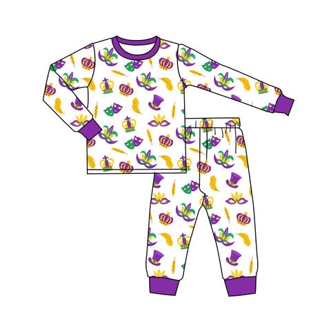Preorder 12.05 MOQ 5 pcs BLP1379 Mardi Gras Mask Purple Boys Pajamas Set