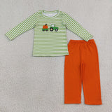 BLP1441 Embroidery Pumpkin Truck Stripe Orange Kids Boys Outfits