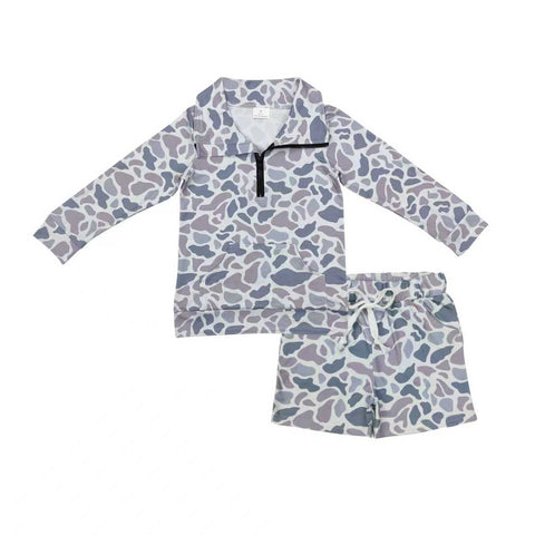 BLS0007 Hunting Camo Gray Pullover Boys Shorts Set