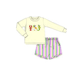 Preorder Samples BLS0015 Embroidery Mardi Gras Animals Stripe Boys Shorts Set