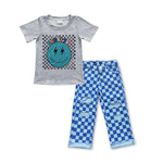 BSPO0113 Mama's boy Blue Plaid Hole Jeans 2 Pcs Boy's Set