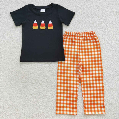 BSPO0121 Embroidery Halloween Candy Corn Orange Plaid Boy's set