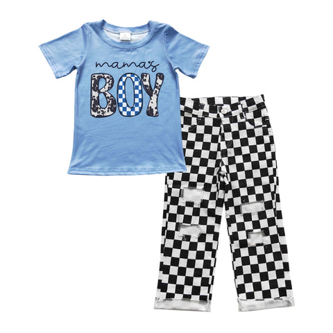 BSPO0124 Mama's boy Blue Black Plaid Hole Jeans 2 Pcs Boy's Set