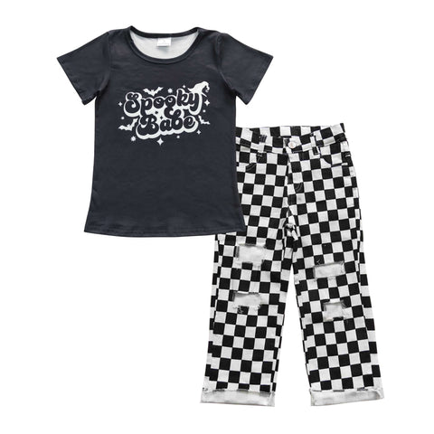 BSPO0125 Halloween Spooky Babe Black Plaid Hole Jeans 2 Pcs Boy's Set