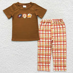 BSPO0143 Embroidery Thanksgiving Day Turkey Brown Plaid Boy's Set