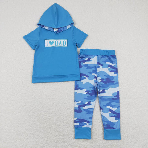 BSPO0281 Embroidery I LOVE DAD Camo Blue Hoodie 2 Pcs Boys Set