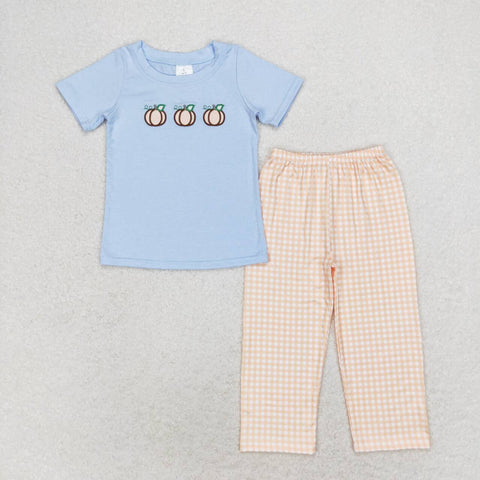 BSPO0371 Embroidery Pumpkin Orange Blue Boys Set