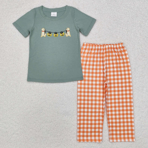 BSPO0405 Embroidery Pumpkin Dog Orange Plaid Boys Set