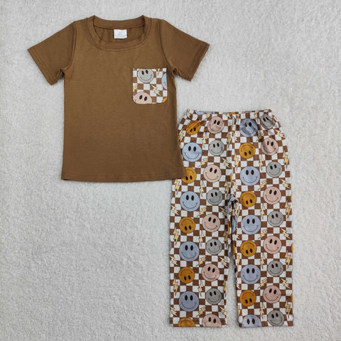 BSPO0425 Smiley face Plaid Brown Boys Pajamas Set