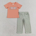 BSPO0451 embroidery Pumpkin Orange Plaid Boys  Set