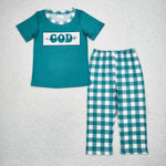 BSPO0462 Child of GOD Green Plaid Boys Set