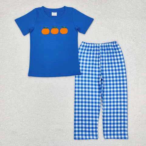 BSPO0468 Embroidery Pumpkin Blue Plaid Boys Set