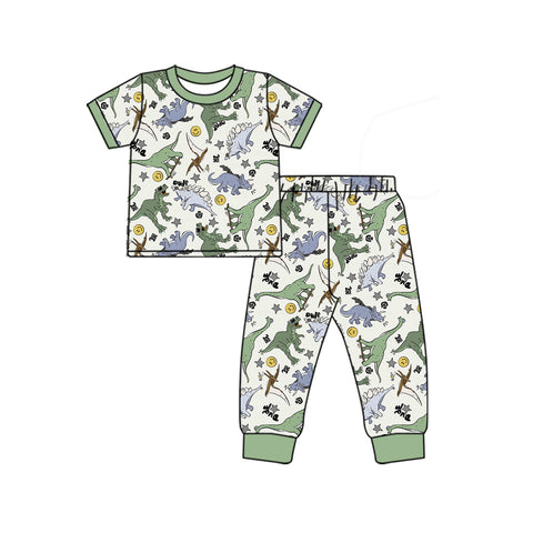 Preorder 12.13 BSPO0532 Dinosaur Green Boys Pajamas Set