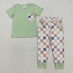 BSPO0576 Fashion Green Plaid Boys Jogger Set