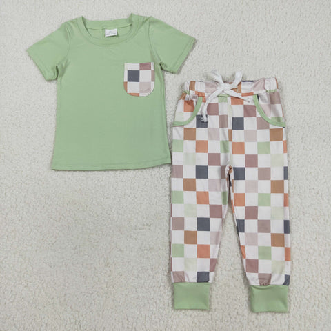 BSPO0576 Fashion Green Plaid Boys Jogger Set