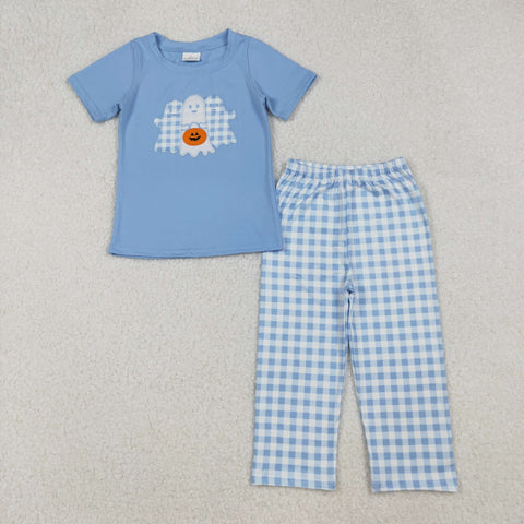 BSPO0581 Embroidery Halloween Ghost Pumpkin Blue Boys Set