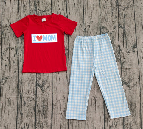 Preorder Samples Embroidery I LOVE MOM Plaid Boys Set