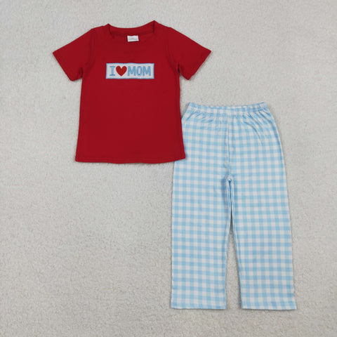 BSPO0588 Embroidery I LOVE MOM Plaid Boys Set
