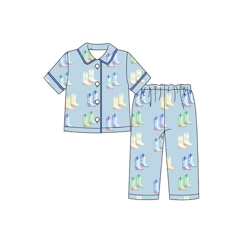 Preorder 10.08 MOQ 5 pcs BSPO0591 Western Boots Blue Boys Pajamas Set