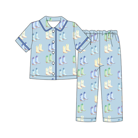 Preorder 10.08 MOQ 5 pcs BSPO0592 Western Boots Blue Adult Men's Pajamas Set