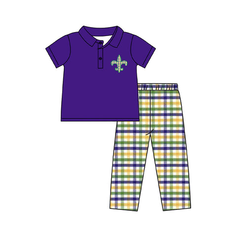 Preorder 10.16 MOQ 5 pcs BSPO0594 Mardi Gras Plaid Purple Boys Set