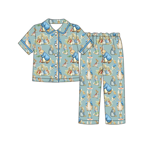 Preorder 10.17 MOQ 5 pcs BSPO0601 Easter Rabbit Cartoon Buttons Boys Pajamas Set