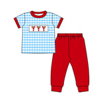 Preorder Samples BSPO0602 Embroidery Crawfish Blue Plaid Red Boys Set