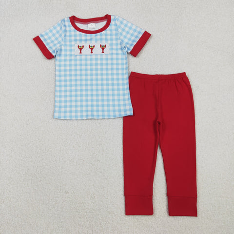 BSPO0602 Embroidery Crawfish Blue Plaid Red Boys Set