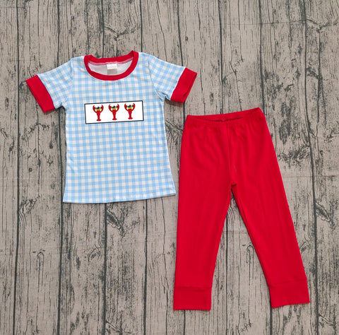 Preorder Samples BSPO0602 Embroidery Crawfish Blue Plaid Red Boys Set