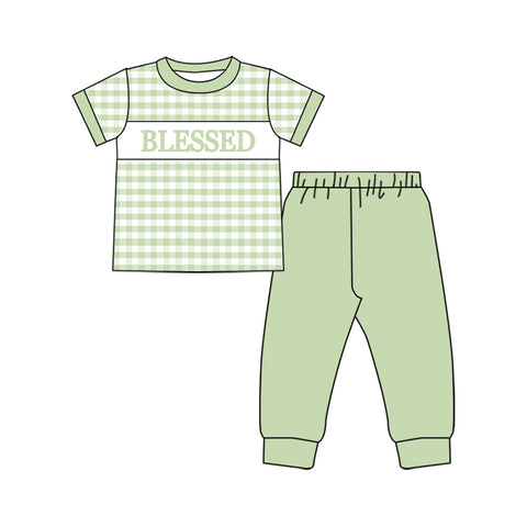 Preorder 10.21 MOQ 5 pcs BSPO0604 Blessed Green Plaid Boys Set