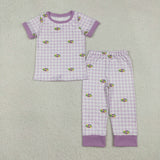 BSPO0630 Embroidery Mardi Gras Purple Plaid Boys Pajamas Set