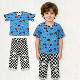 BSPO0687 Cartoon Car Plaid Jeans 2 Pcs Boy's Set