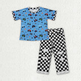 BSPO0687 Cartoon Car Plaid Jeans 2 Pcs Boy's Set