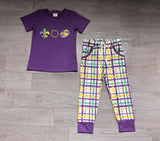 NO MOQ Preorder Samples Each Style Embroidery Mardi Gras Plaid Purple Kids Matching Clothes