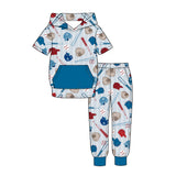 Preorder MOQ 5 pcs Each Style GO TEAM Baseball Print Stripe Blue Kids Matching Clothes