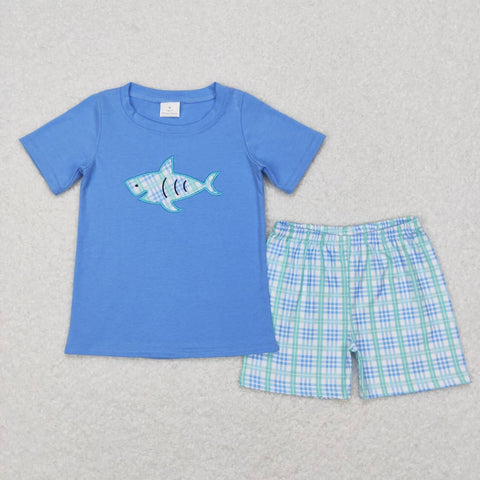 BSSO0284 Embroidery Shark Blue Plaid Boy's Shorts Set
