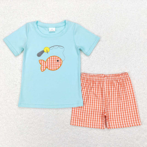 BSSO0288 Embroidery Fish Hook Sky Blue Boy's Shorts Set