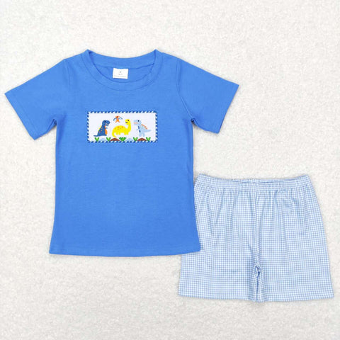 BSSO0293 Embroidery Dinosaur Blue Boy's Shorts Set