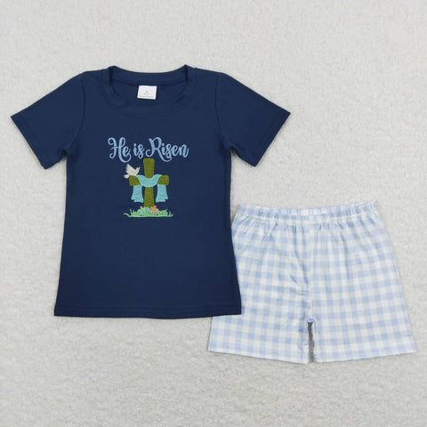 BSSO0319 Embroidery Easter He's risen Blue Boy Shorts Set