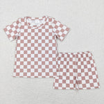 BSSO0326 Khaki Plaid Boy Shorts Set