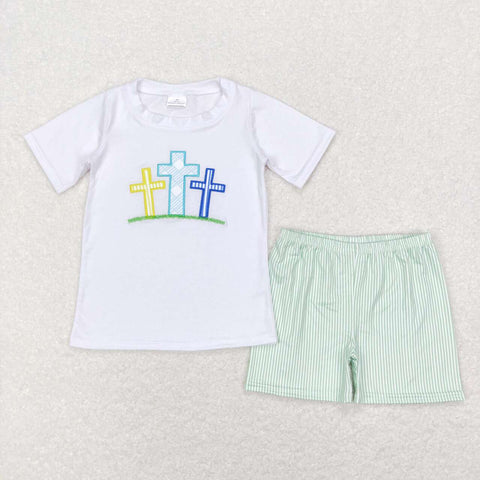 BSSO0337 Embroidery Easter Cross Boy Shorts Set