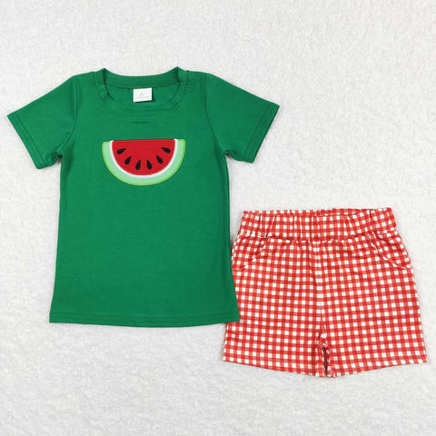 BSSO0345 Summer Embroidery Watermelon Red Plaid Boy Shorts Set