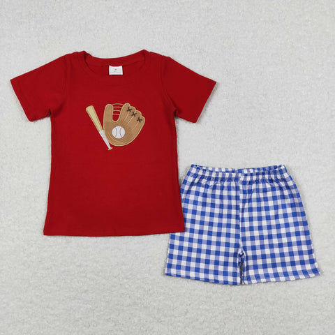 BSSO0353 Embroidery Baseball Red Blue Plaid Boy Shorts Set