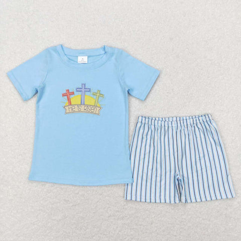 BSSO0356 Embroidery Easter He is risen Blue Boy Shorts Set