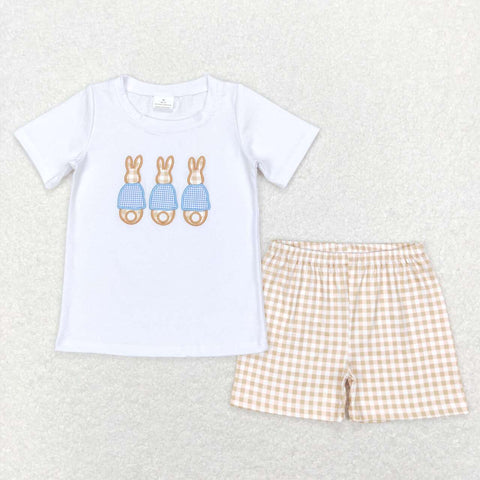 BSSO0383 Embroidery Easter Rabbit Plaid Cute Boy Shorts Set