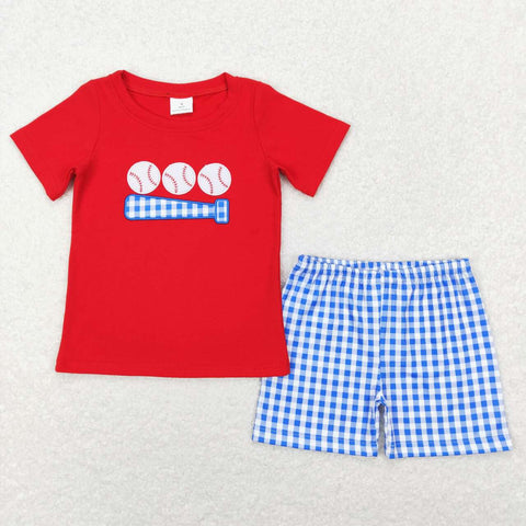 BSSO0388 Embroidery Baseball Red Blue Boy Shorts Set