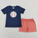 BSSO0404 Embroidery Baseball Red Plaid Boy Shorts Set